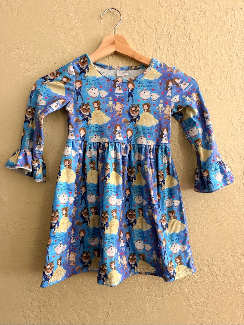 Blue Belle Print Long-Sleeve Kids Dress